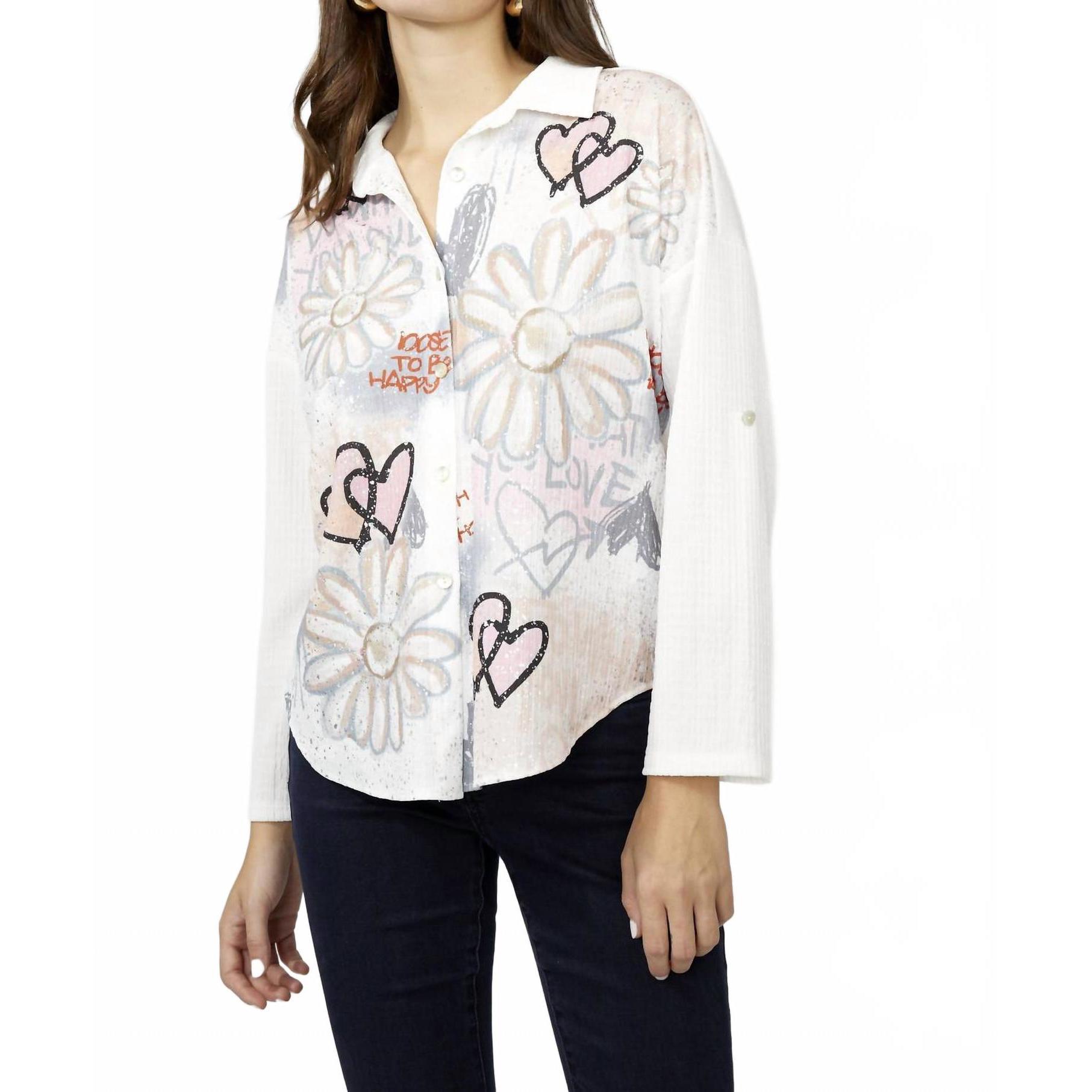 New Frank Lyman Heart & Floral Print Woven Blouse In Off White/Pink